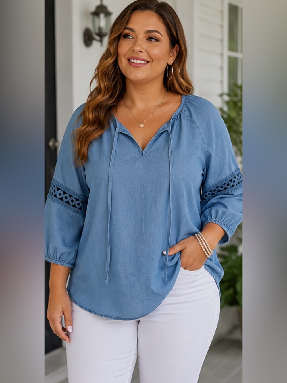 Madison Grey New York 1X Chambray Blue Lyocell Peasant Blouse Eyelet Sleeve